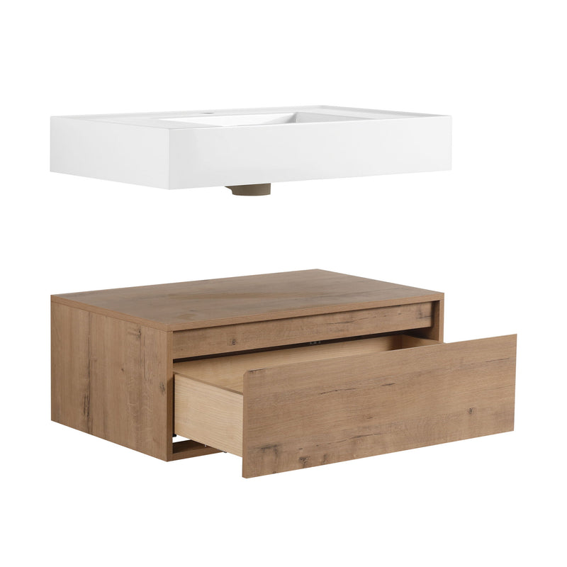 Wall Mounted Bathroom Vanity With Resin Sink And Soft Close Drawer - Imitative Oak