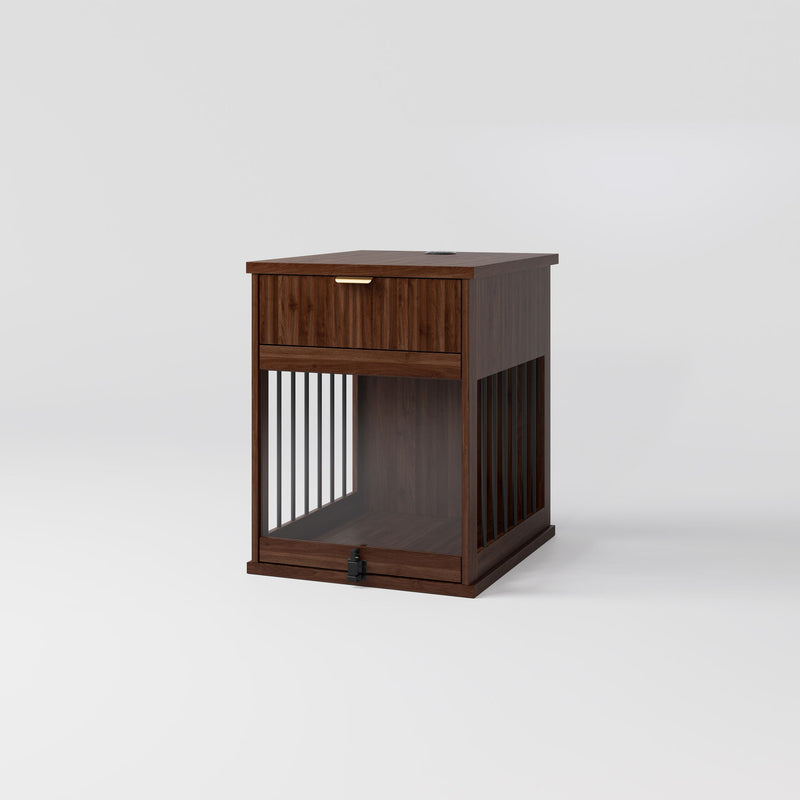 Dog Crate End Table With Charging Station - Antique Brown