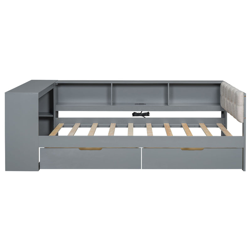 Upholstered Headboard Platform Bed With Storage Shelves, Drawers, Charging Station