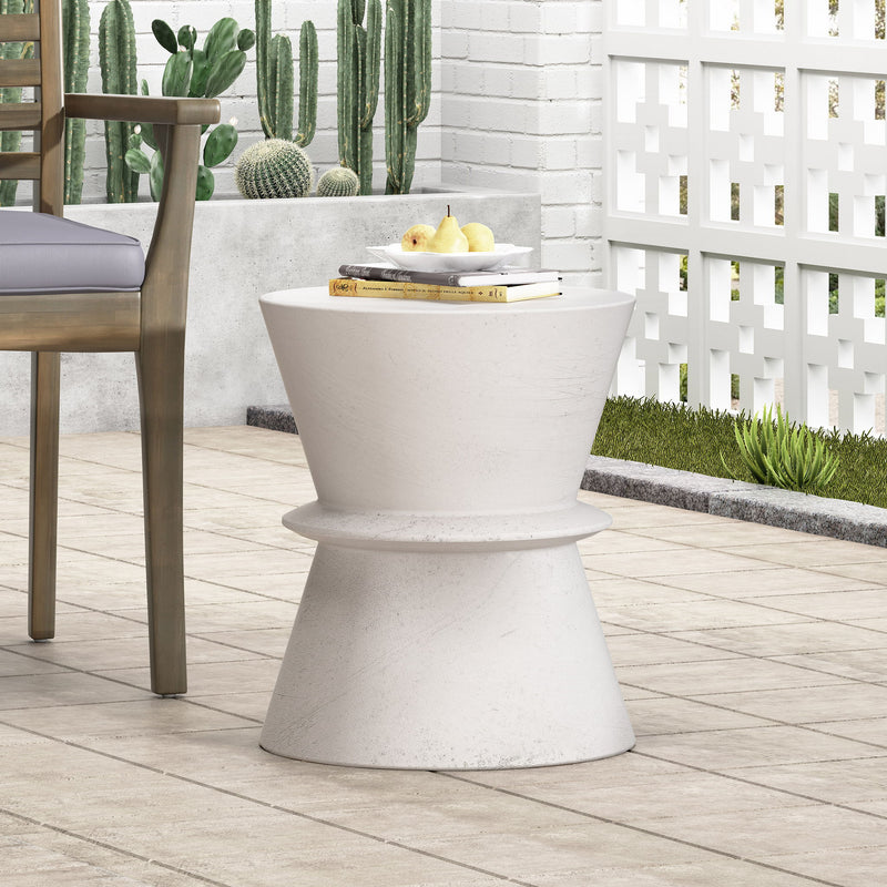 Outdoor Lightweight Concrete End Table With Hourglass Structure - Antique White