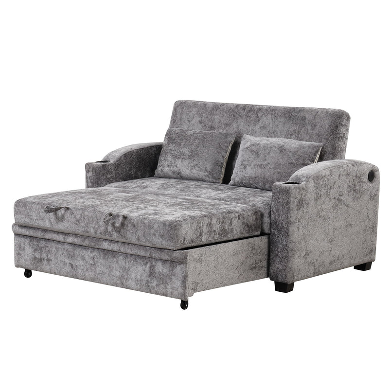 Pull Out Loveseat Sofa With Adjsutable Backrest, 2 Pillows, Cup Holders, USB Ports For Living Room