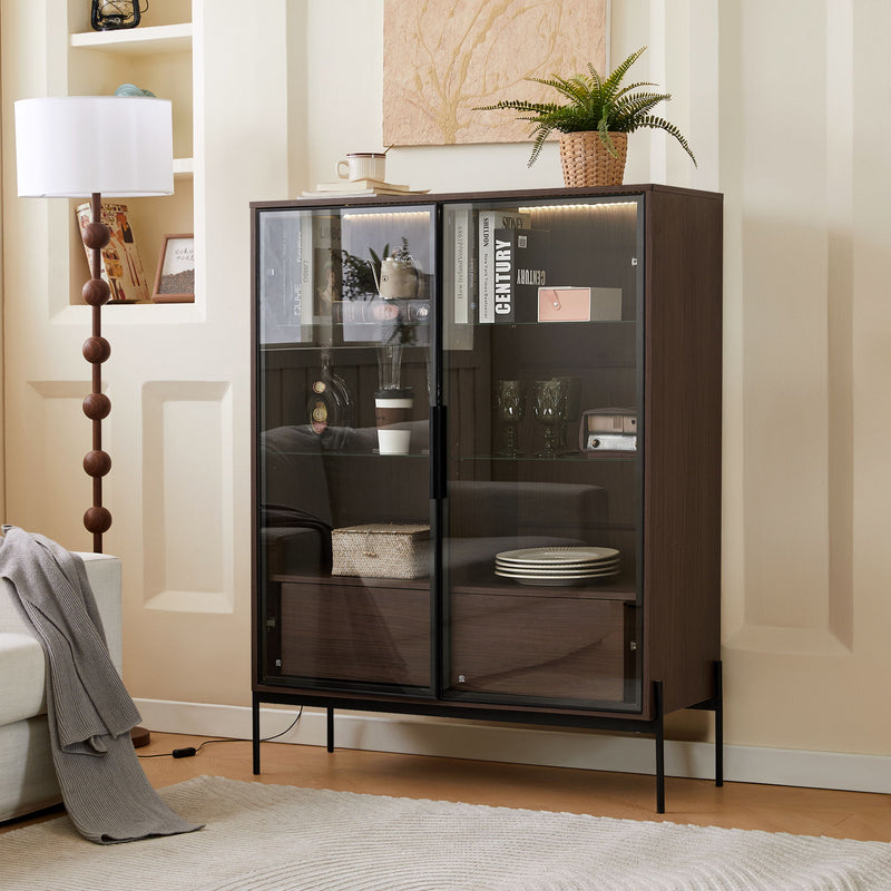 Modern Minimalist Style LED Curio Cabinet With Tempered Glass Door, Metal Legs
