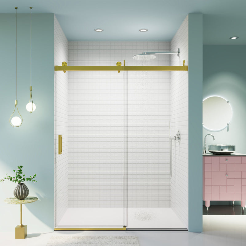 Frameless Single Sliding Soft Close Shower Doors, 3 / 8" Tempered Glass Reversible Installatio
