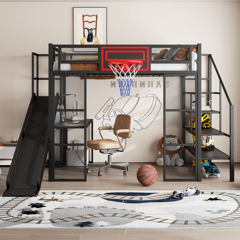 Loft Bed With Built In Desk, Open Wardrobe, Basketball Hoop, Slide And Staircase