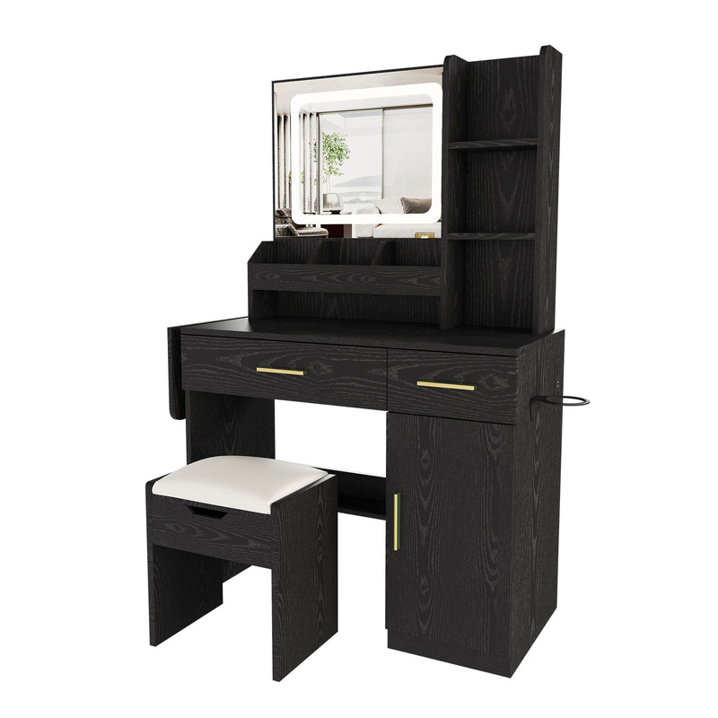 Vanity Desk With LED Mirror Lights And Charging Outlet