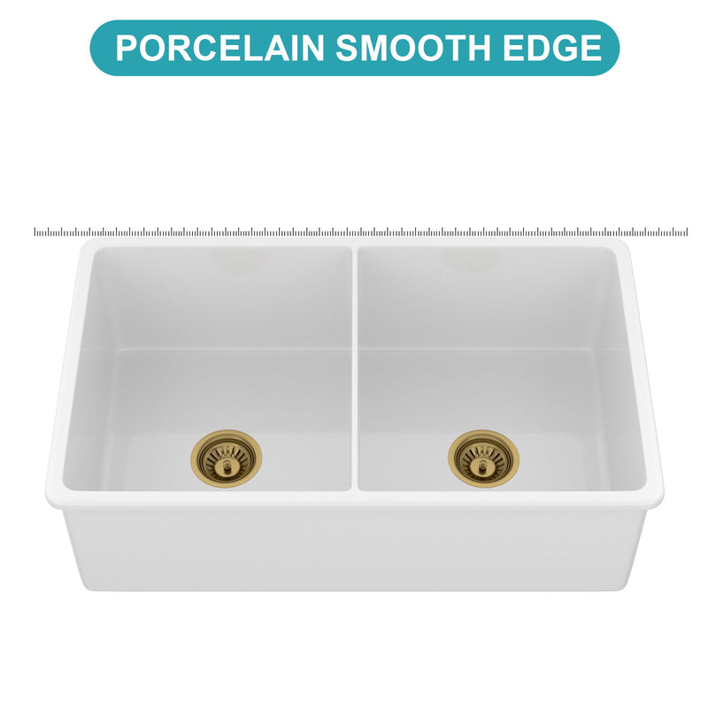 32" Undermount Double Bowl Kitchen Sink Rectangular Deep Dual Bas With Grids - White