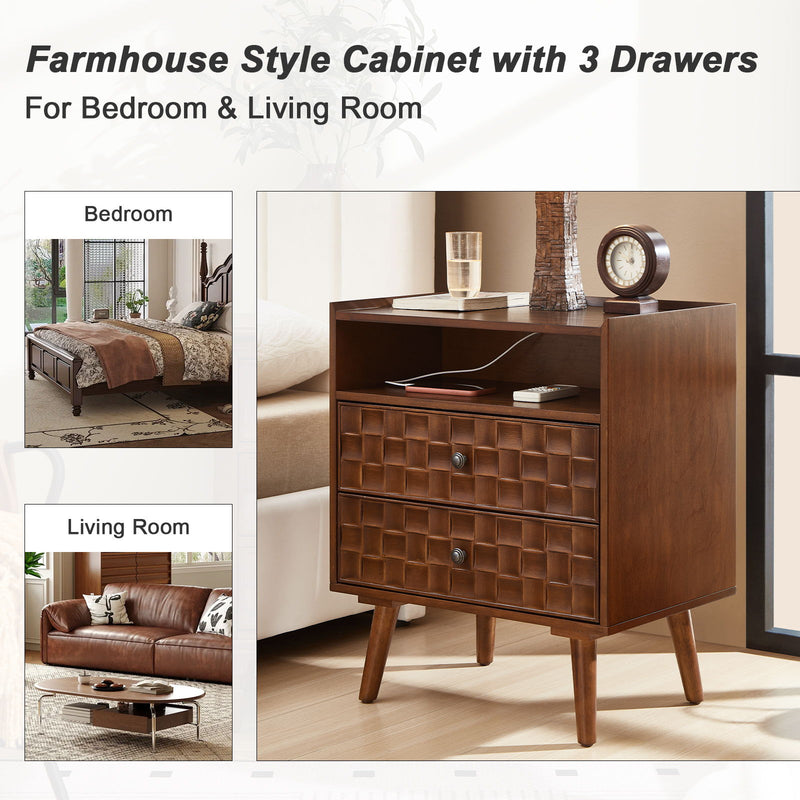 Nightstand With Charging Station, 2 Drawer Bedside Table With Shelf And USB / AC Ports