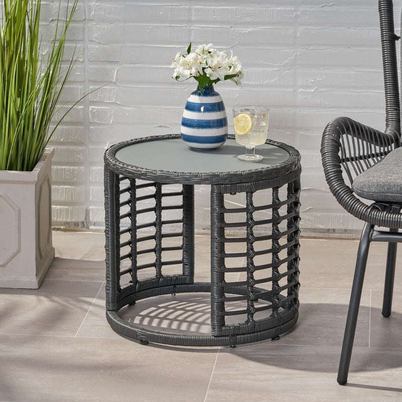 Achill - Outdoor Modern Boho Wicker Side Table With Glass Top - Gray