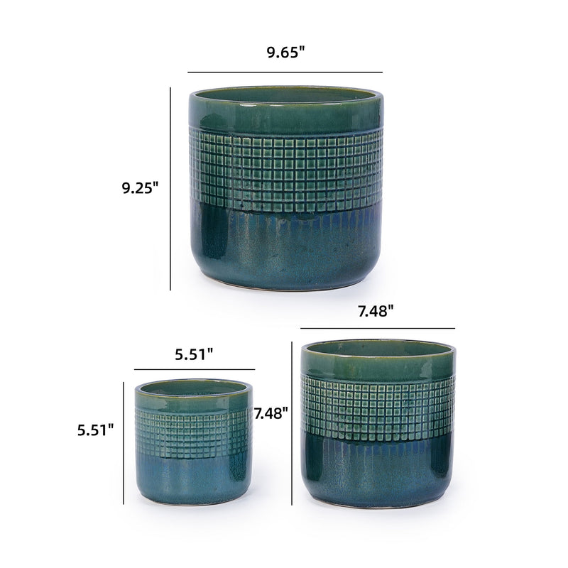 Grid Flowerpot (Set of 3), Planter For Patio, Garden, Windowsill - Blue / Green