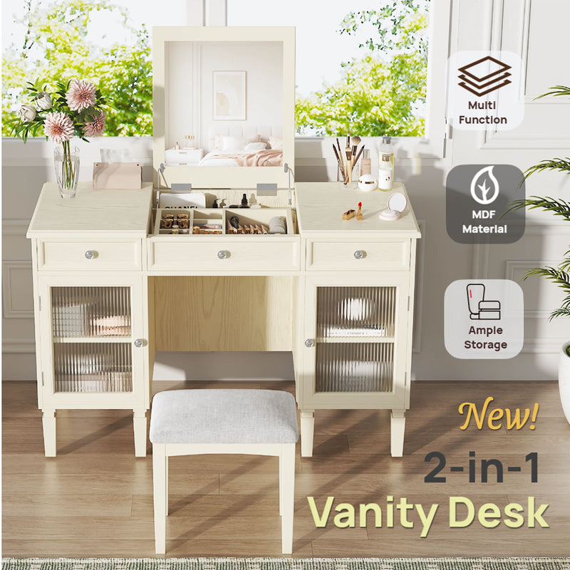 Multi Functional 2 In 1 Vanity Desk With Flip Top Mirror Material - White Oak