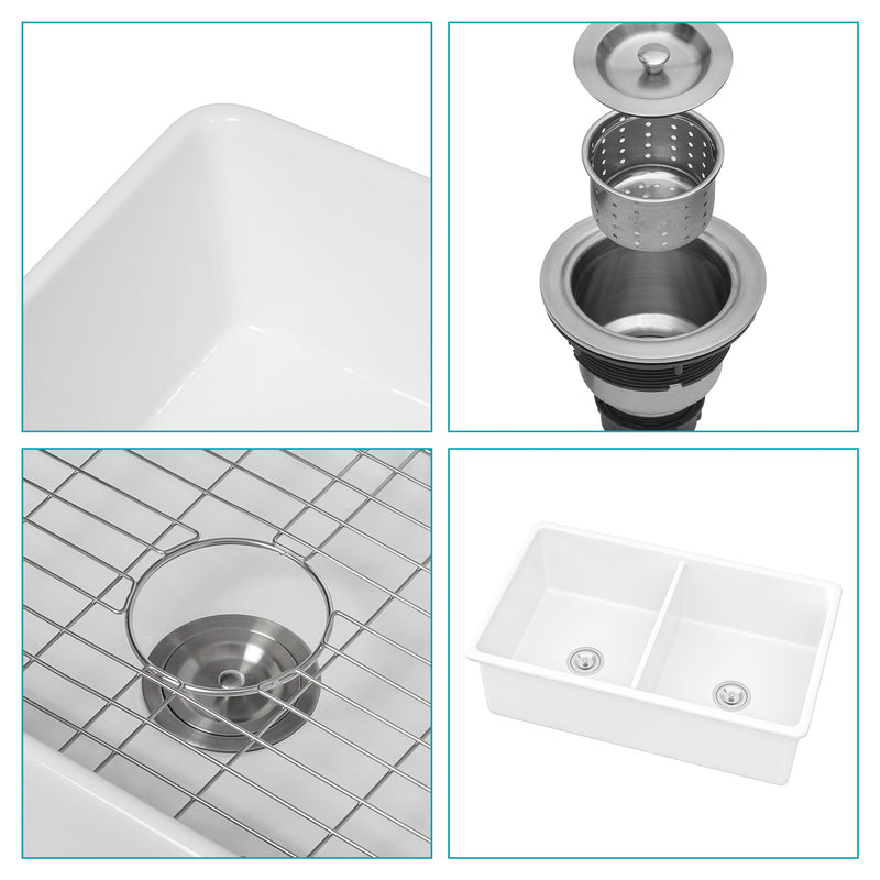 Elegant Dual Mount 32" Undermount Double Bowl Ceramic Kitchen Sink - White