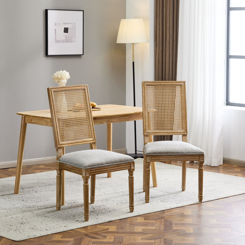 French Country Dining Chair With Rectangular Cane Backrest And Smooth Upholstered Seating