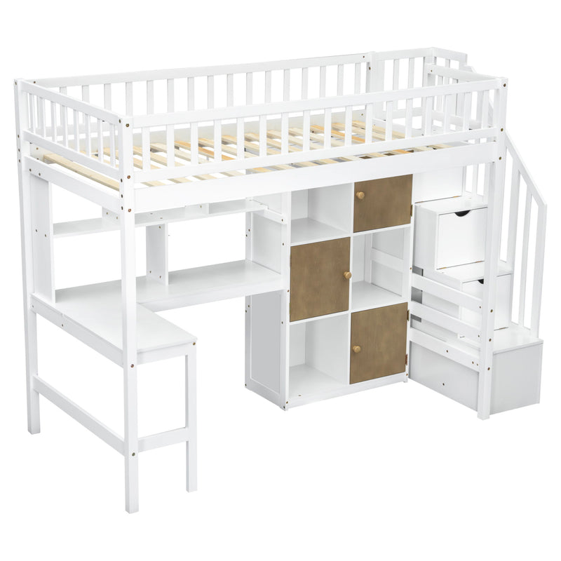 Loft Bed With Built In L Shaped Desk, LED Lights, Storage Shelves, Cabinets, And Staircase
