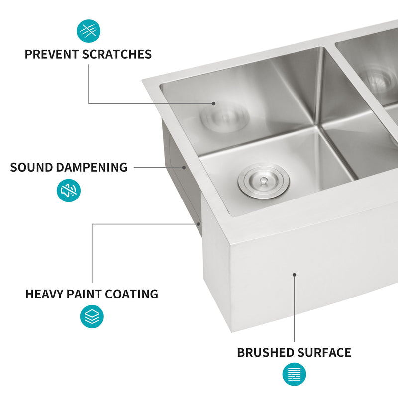 Double Bowl Farmhouse Sink, Stainless Steel Apron Front Kitchen Sink 16 Gauge - Brushed Nickel