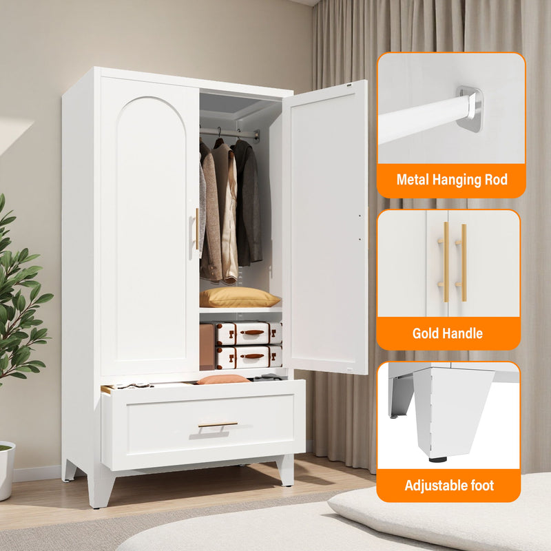 Wardrobe Cabinet With 1 Drawer And Hanging Rod, 2 Doors Closet With Shelf For Bedroom - White