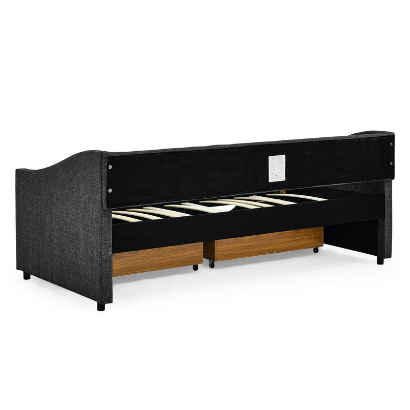 Upholstered Tufted Daybed With 2 Drawers, Waved Arms