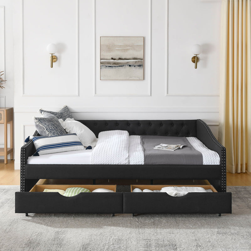 Upholstered Tufted Daybed With 2 Drawers, Waved Arms