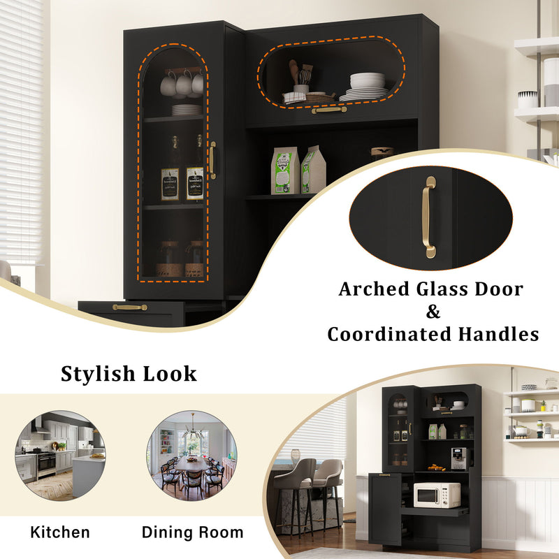 Tall Freestanding Kitchen Pantry Cabinet With Arched Glass Door