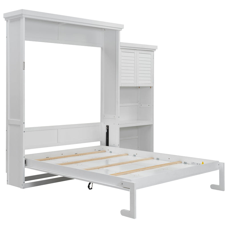 Queen Size Murphy Bed With Louvered Design And Multiple Storage Shelves - White