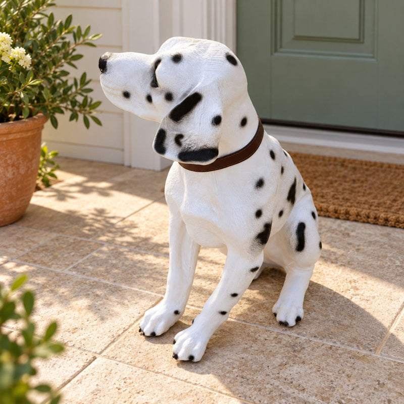 Large Dalmatian Dog Statue, Sitting Spotted Pet Sculpture For Entryway Patio - Black White