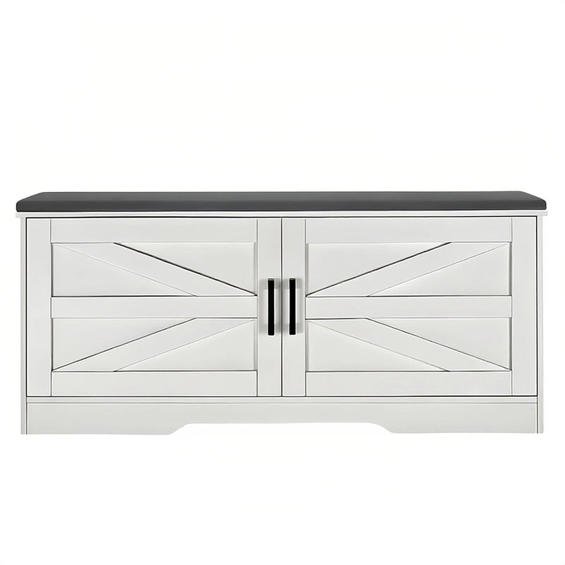 2 Tier Shoe Bench With Padded Seat, 2 Barn Doors And Adjustable Shelves, For Entryway And Living Room - White
