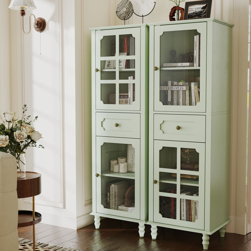 Curio Cabinet, Freestanding Vintage Display Storage Cabinet, Adjustable Shelves - Green