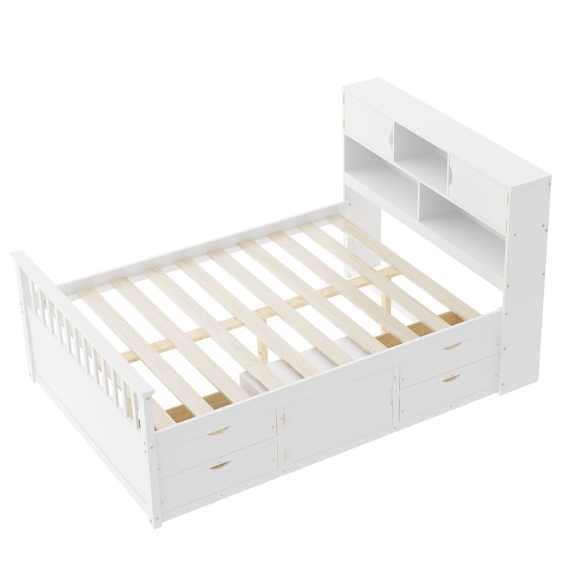 Captain Platform Bed Frame With Bookcase Headboard, 4 Drawers, Storage Shelves