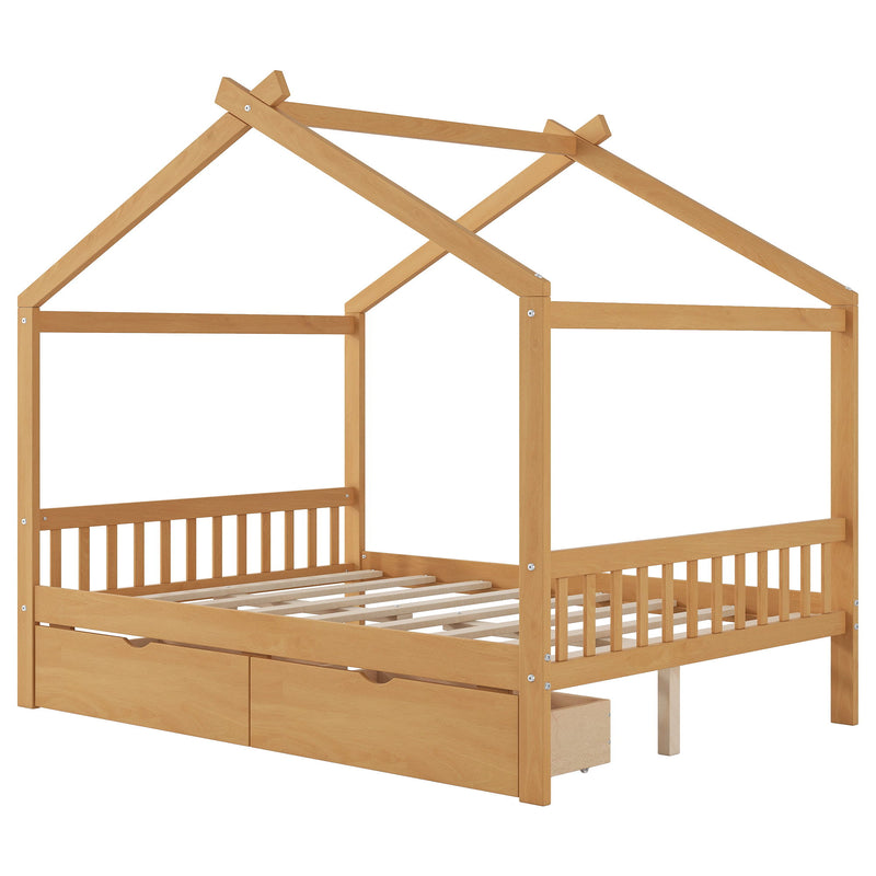 House Style Platform Bed With Headboard, Footboard, 2 Drawers, And Roof Design
