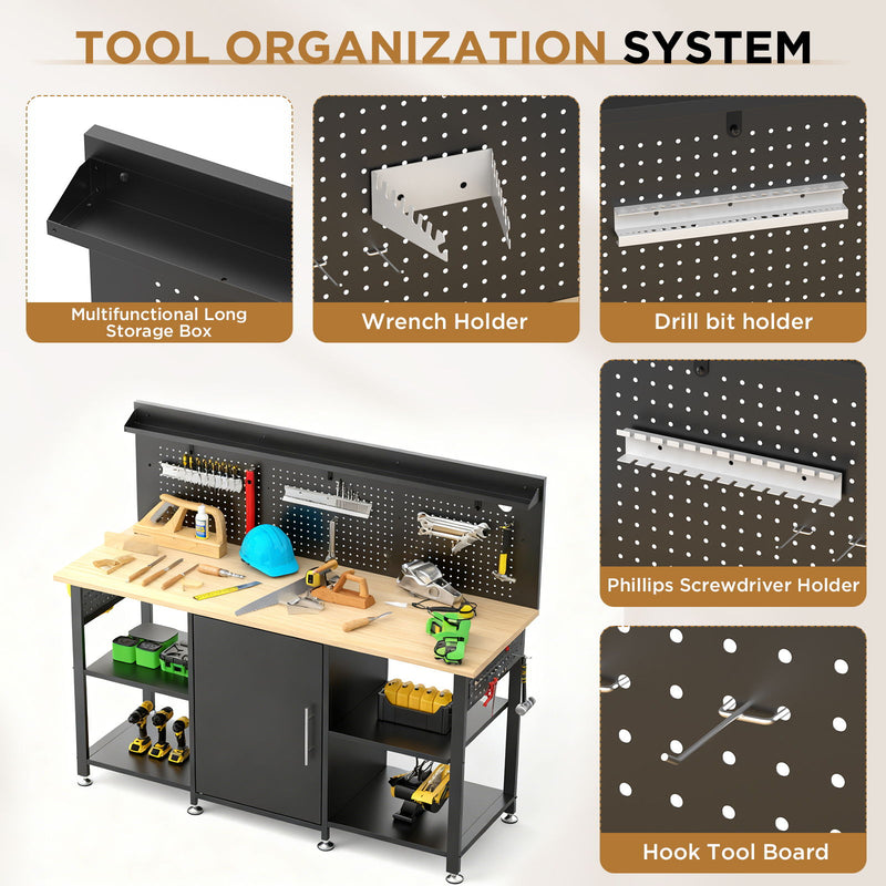 Workbench With Storage Cabinet And Pegboard - Black