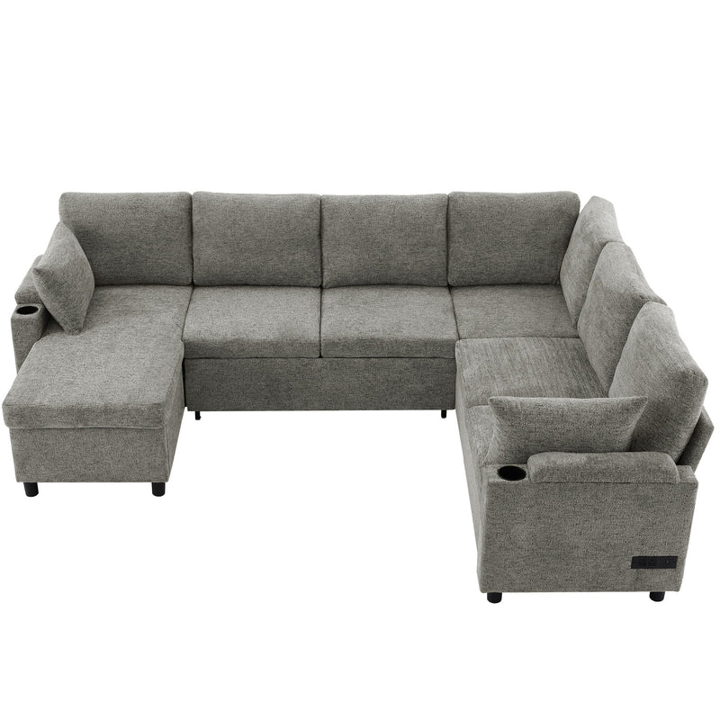 U-Shaped Sectional Sleeper Sofa With Ample Storage Space, 2 Cup Holders And Charging Ports For Living Room