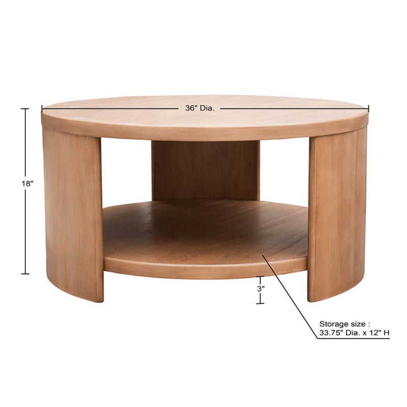 Minimalist Round Coffee Table With Shelf Storage - Natural