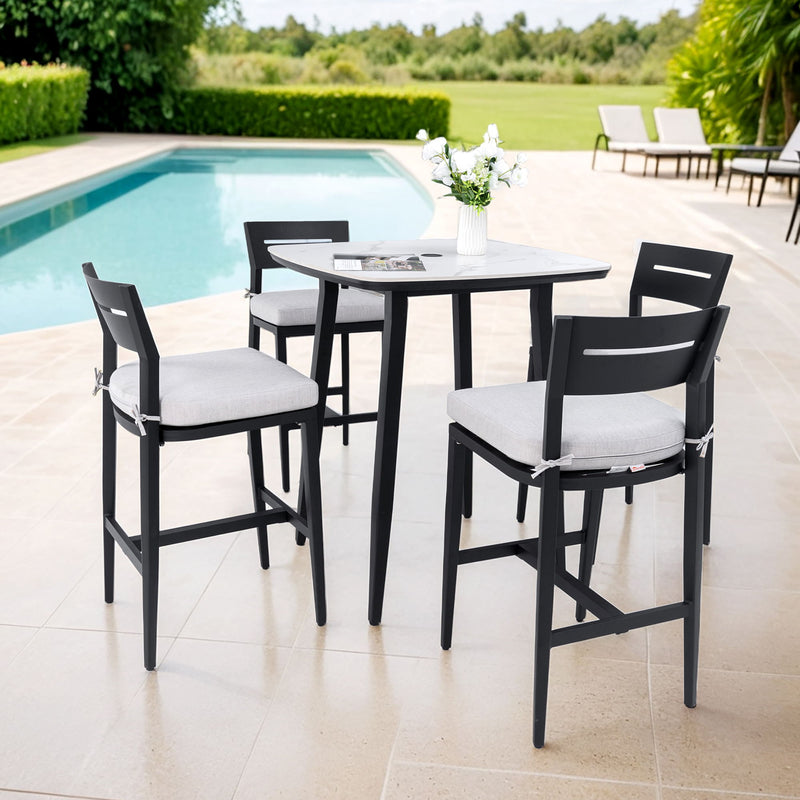 5 Pieces Outdoor Patio Bar Set, Rounded Square Table & 4 Aluminum Bar Stools