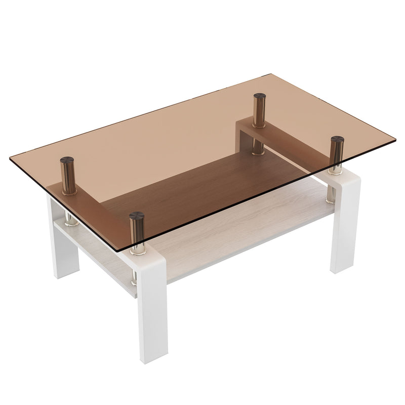 Modern Rectangular Coffee Table With Tempered Transparent Glass Top And Storage Shelf