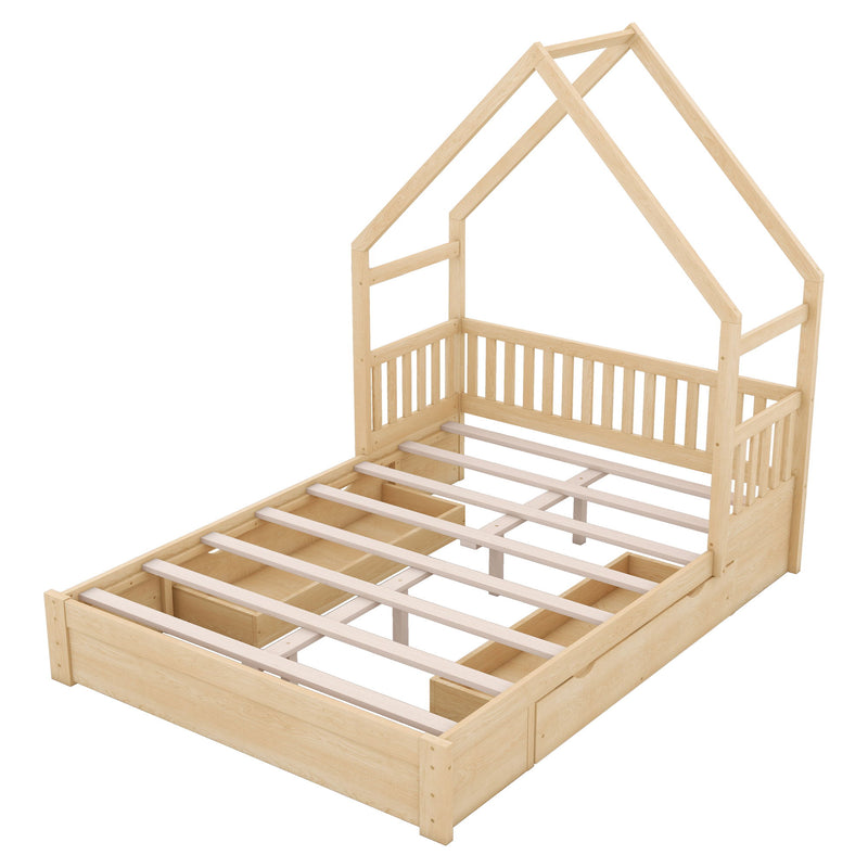 House Style Platform Bed With Guardrail And 2 Drawers