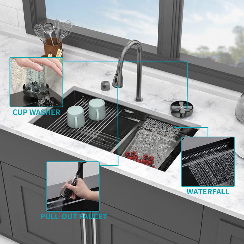 Undermount Stainless Steel Kitchen Sink With Pull Down Faucet & Ledge Workstation