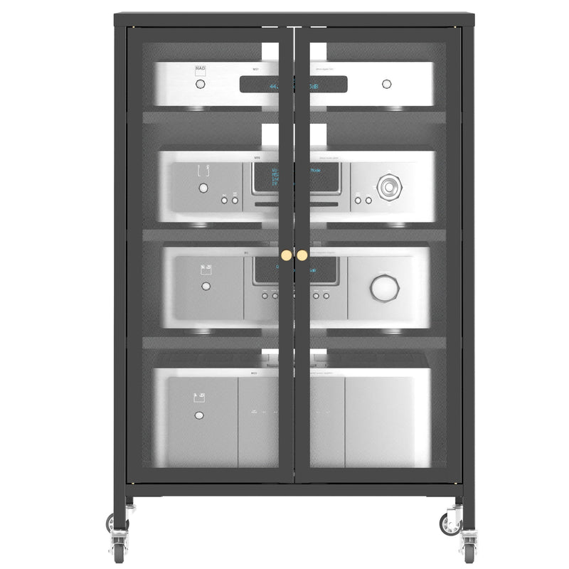 Media Storage Cabinet With Wheels, 4 Adjustable Glass Shelves & Door, Heavy-Duty - Black