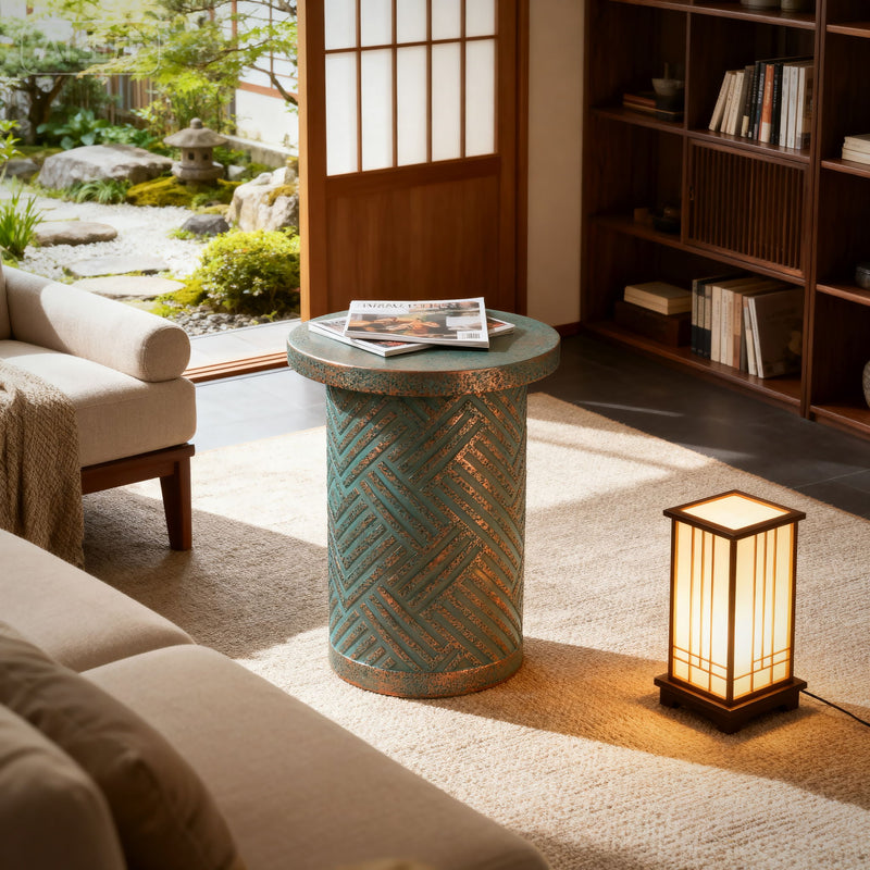Round Outdoor End Table With Tree Stump Design For Patio - Golden / Green / Peacock