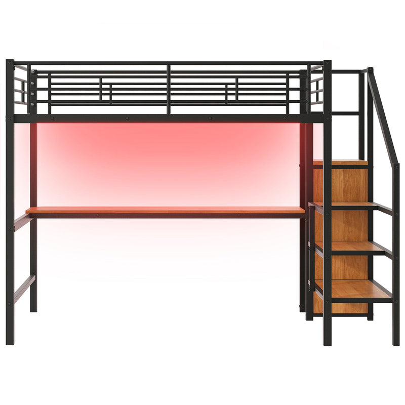 Loft Bed With Desk, Storage Staircase, Small Wardrobe And LED Light