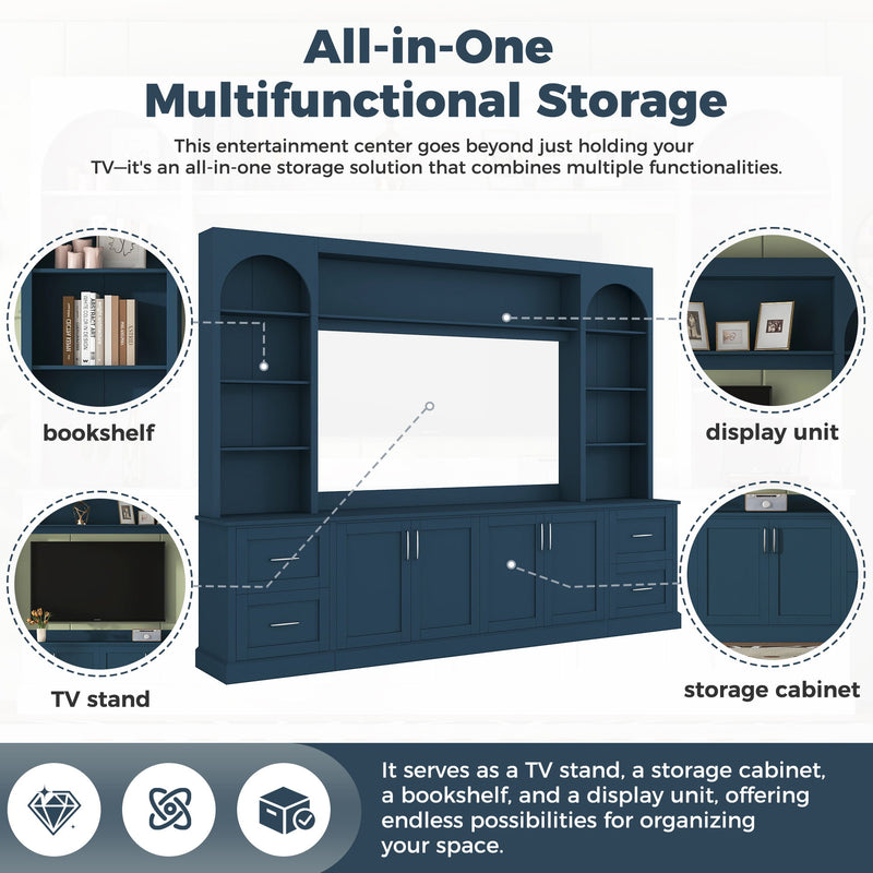Arched Entertainment Center Wall Unit With Drawers With Adjustable Shelves For Living Room - Blue