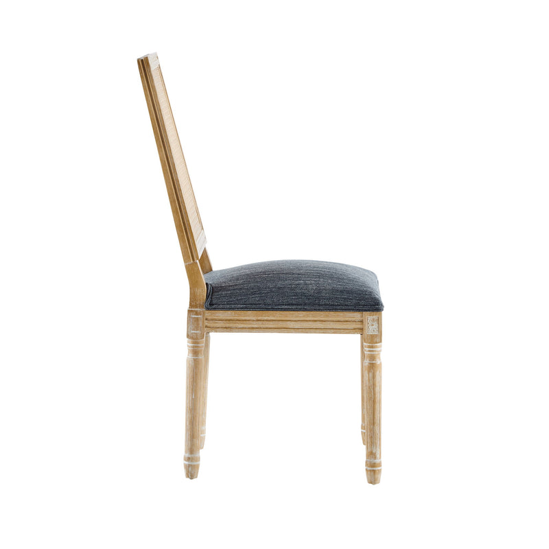 French Country Dining Chair With Rectangular Cane Backrest And Smooth Upholstered Seating