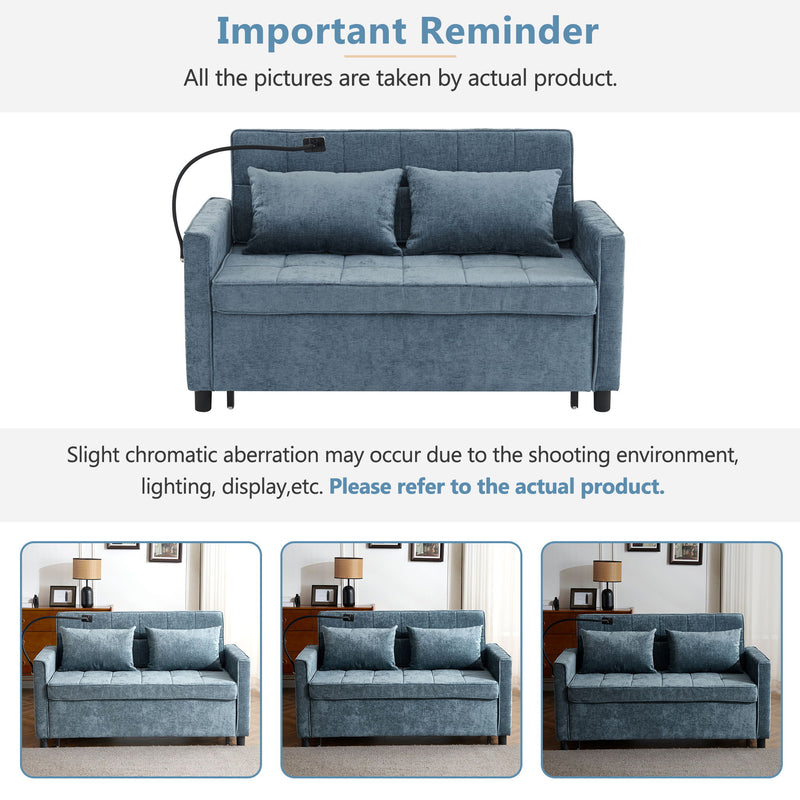Pull-Out Sleeper Sofa With Reversible Backrest Cushion, Side Pockets, 2 USB Ports And A Phone Holder For Living Room