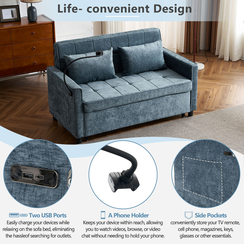Pull-Out Sleeper Sofa With Reversible Backrest Cushion, Side Pockets, 2 USB Ports And A Phone Holder For Living Room