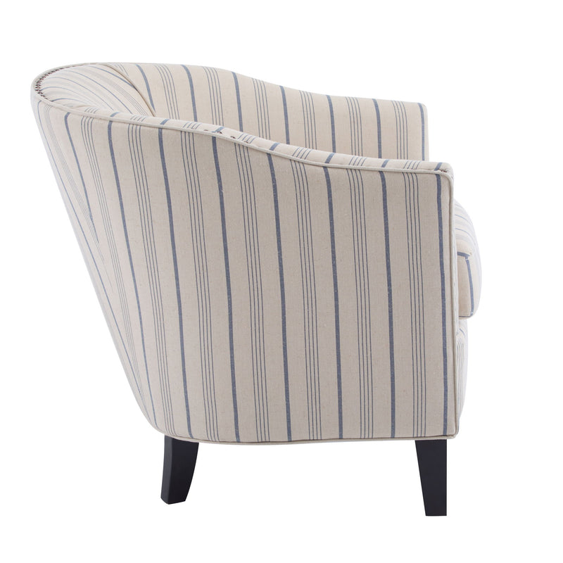 Transitional Upholstered Stripe Barrel Chair With Birch Wood Legs And Plush Cushioned Seat - Beige / Blue Stripe