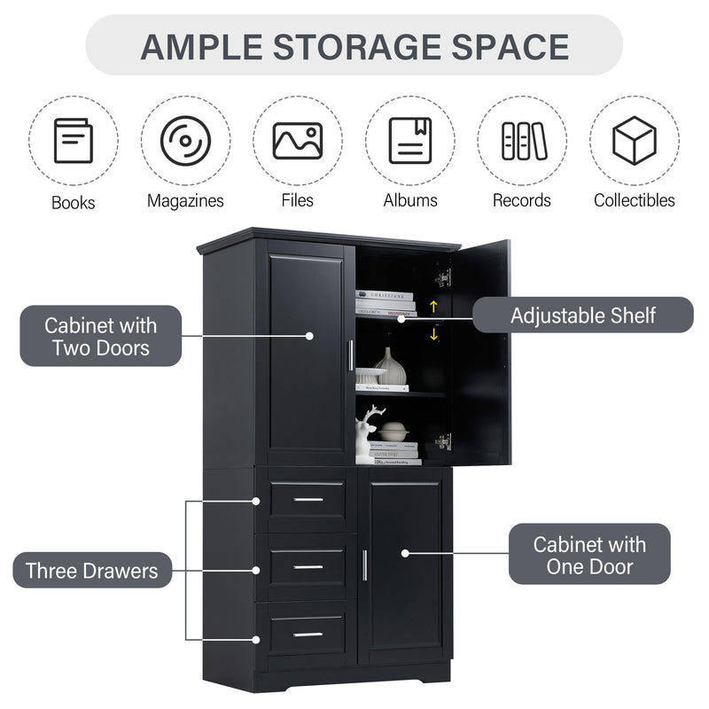 Tall And Wide Storage Cabinet With Doors, 3 Drawers