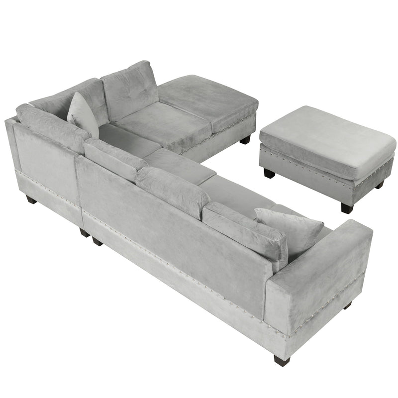 Modern Sectional Sofa With Storage Ottoman, L - Shape Couch With 2 Pillows And Cup Holders