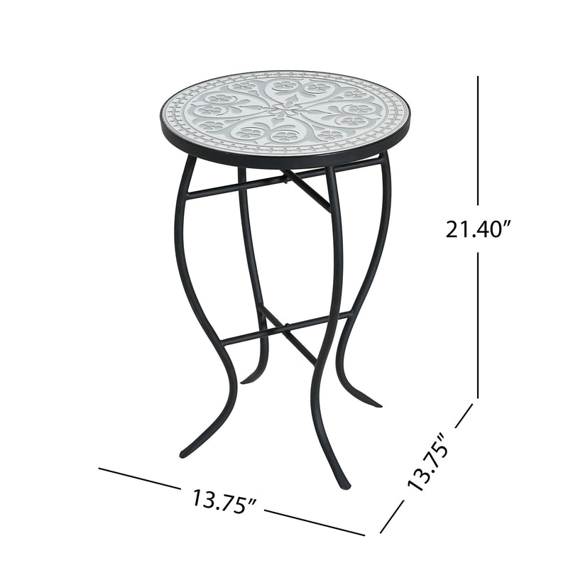 Outdoor Round Side Table With Mosaic Style Top And Curved Iron Legs