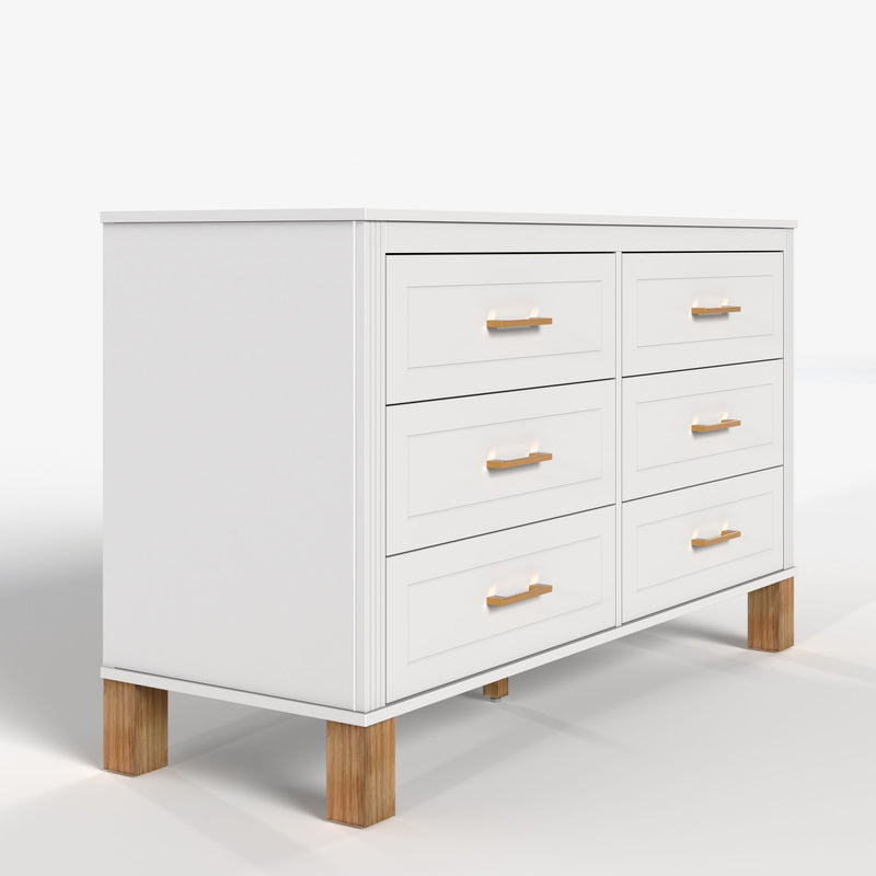 6 Drawer Double Dresser With Handles, Storage Cabinet - White