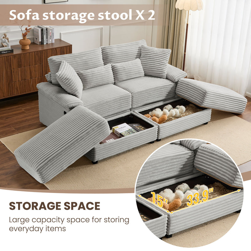 Double Chaise Lounge Set With Reversible Storage Ottomans, USB Port