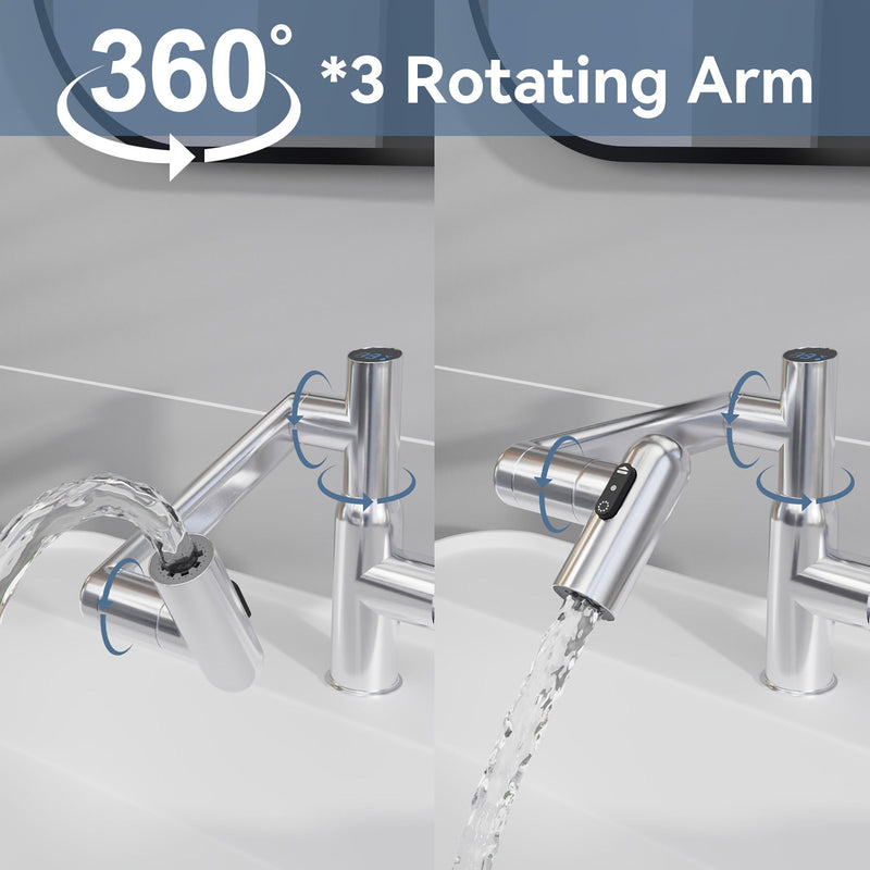 Bathroom Sink Faucet With Spray Function And Temperature Display, Anti Skid Switch, 360 Degree Rotary