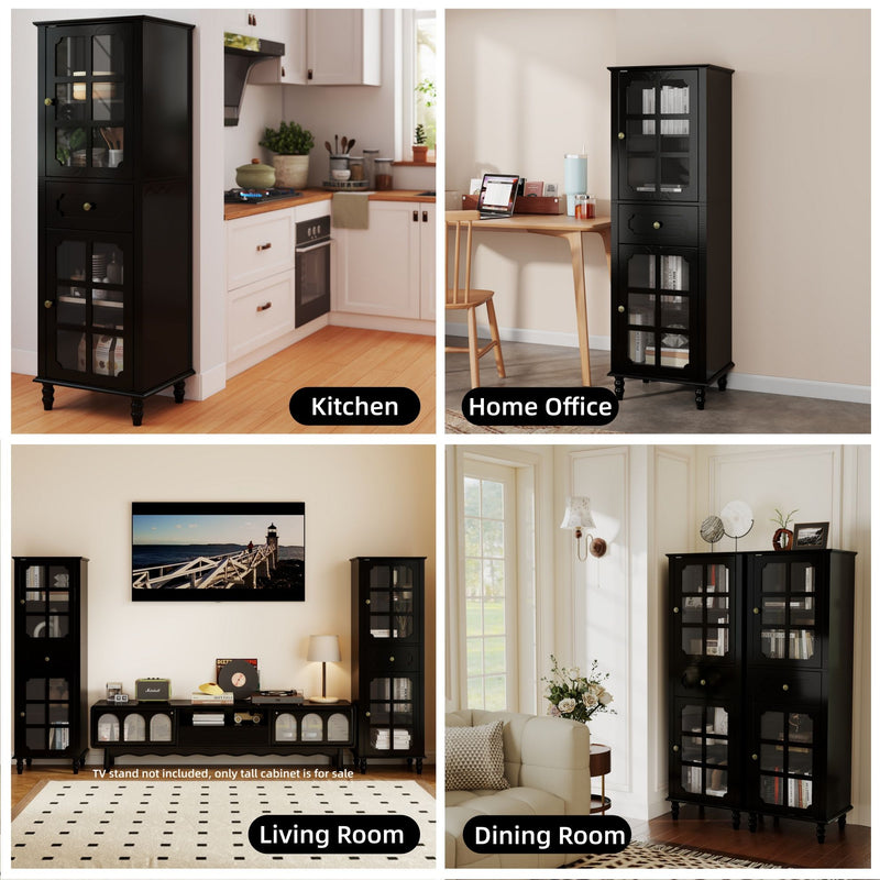 Storage Cabinet, Freestanding Curio Cabinet With Grid Doors & Drawer, Pantry Display Cabinet For Kitchen
